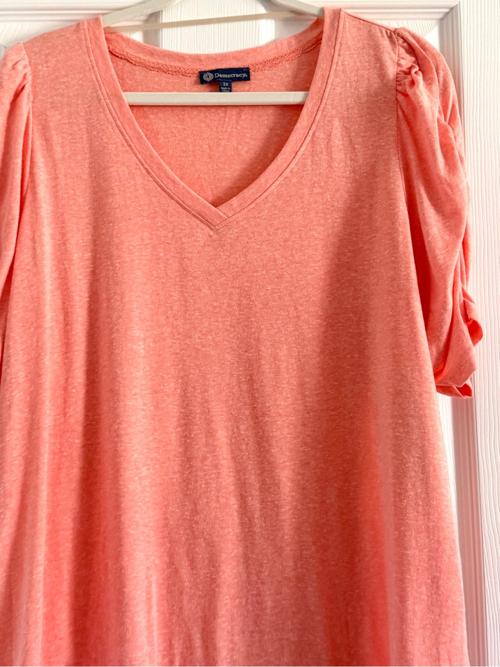 Democracy Short Sleeve V-Neck Top in Peach/Coral 1X - Picture 5 of 7